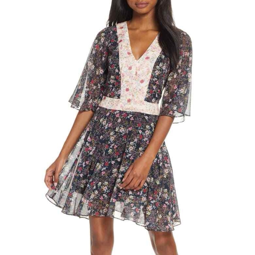 New COOPER ST. Navy Floral Star Flutter Sleeve V-Neck Dress Sz 2